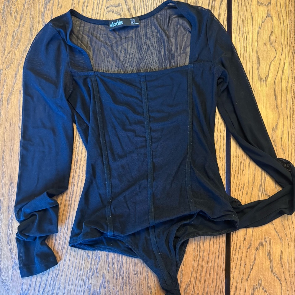 Elodie Midnight Sheer Long Sleeve‎ Bodysuit with boning look.